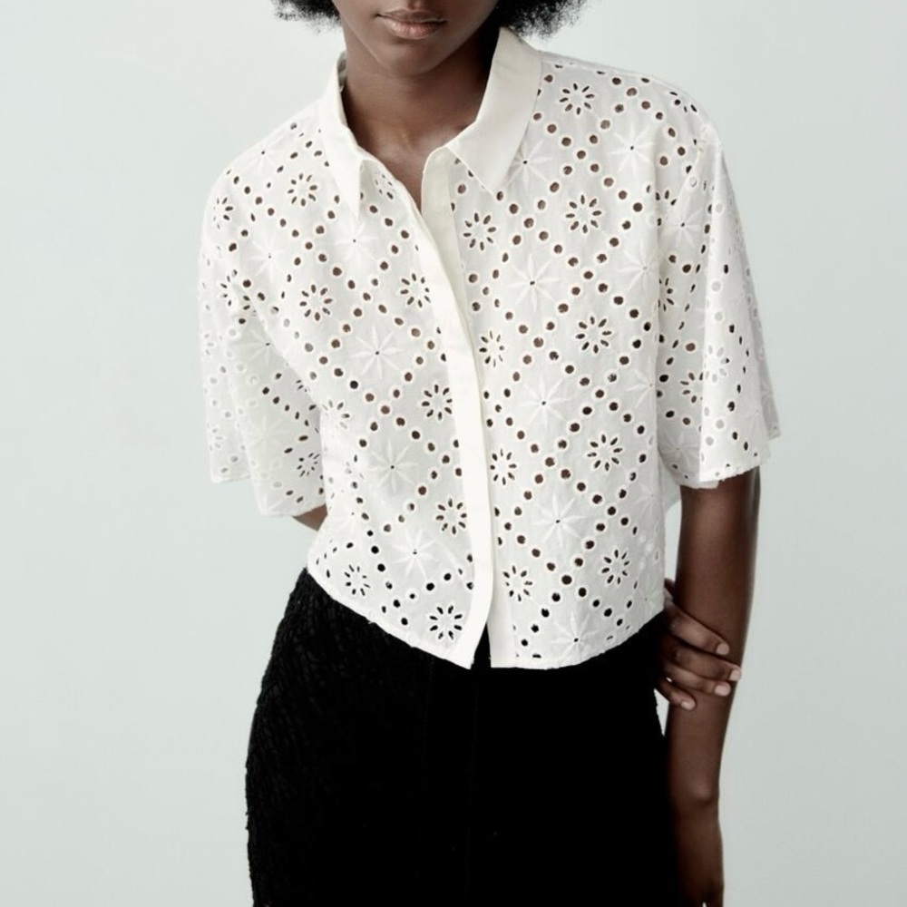 Zara cropped embroidered button down shirt